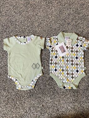 Sage Green Argyle-Trim Baby One-Piece Bodysuit Set Cotton Vintage Icky Baby 3-6m